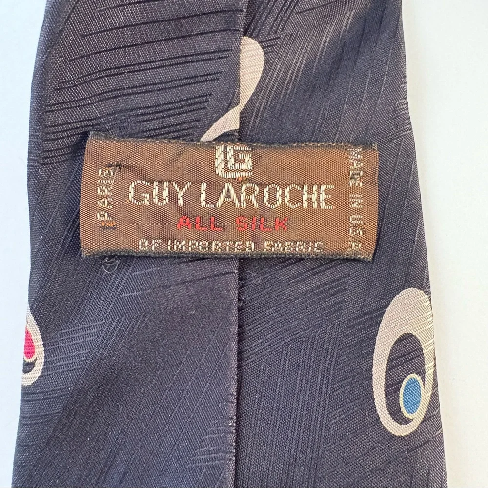 Guy‎ Laroche Paris Black Silk Tie Geometric Ovals Made in USA 58” X 3.25”